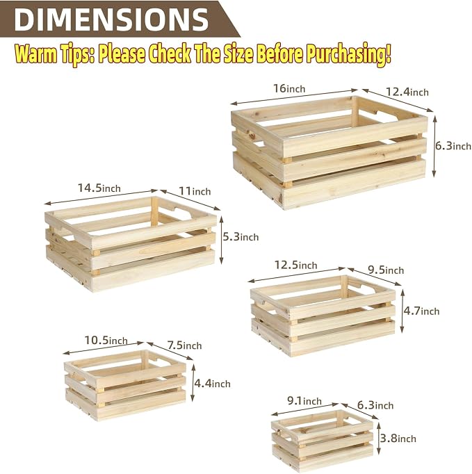 5-Piece Rustic Wooden Crates Unfinished Set, Wall Mountable Slatted Storage Crates with Handles, Farmhouse Wooden Crates for Display & Organizer for Home Decor - Image 3