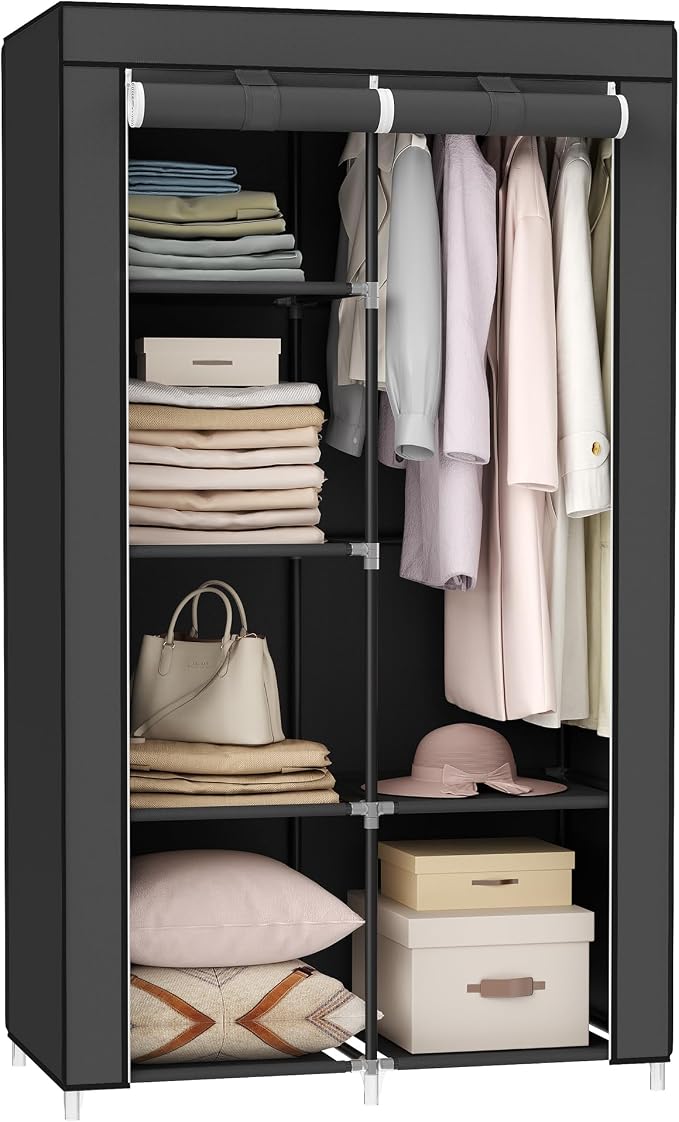 SONGMICS Portable Closet, Fabric Wardrobe, Clothes Rack with Shelves, Pockets, Large Capacity, 1 Hanging Rod, 34.6 x 17.7 x 66.1 Inches, Ink Black URYG84BK | Large Capacity, 1 Hanging Rod, Pockets, 34.6 x 17.7 x 66.1 Inches, Ink Black, RYLAN Collection... by Unknown