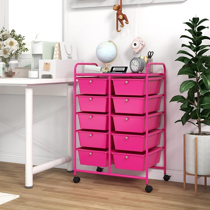 COSTWAY 10 Drawer Rolling Storage Cart, Utility Cart with Lockable Wheels | Mobile Art Supply Craft Organizer with Metal Frame, Multipurpose Drawer Cart for Paper for Office, School, Hot Pink - Image 7