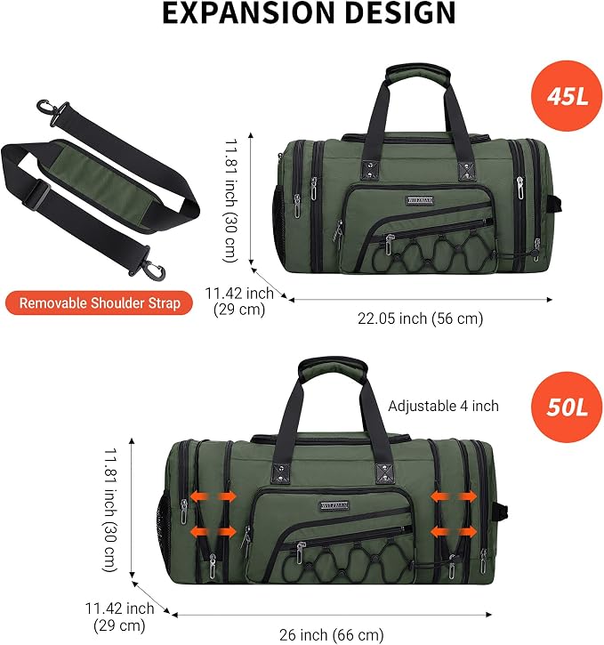 WITZMAN Mens Duffle Bag Expandable 50L Travel Gym with Shoe Compartment | Nylon, Large, With Dry-wet Pocket, Fits 16" Laptop, Carry-on Bag, For Sports Weekender Overnight, B695 Army Green - Image 3