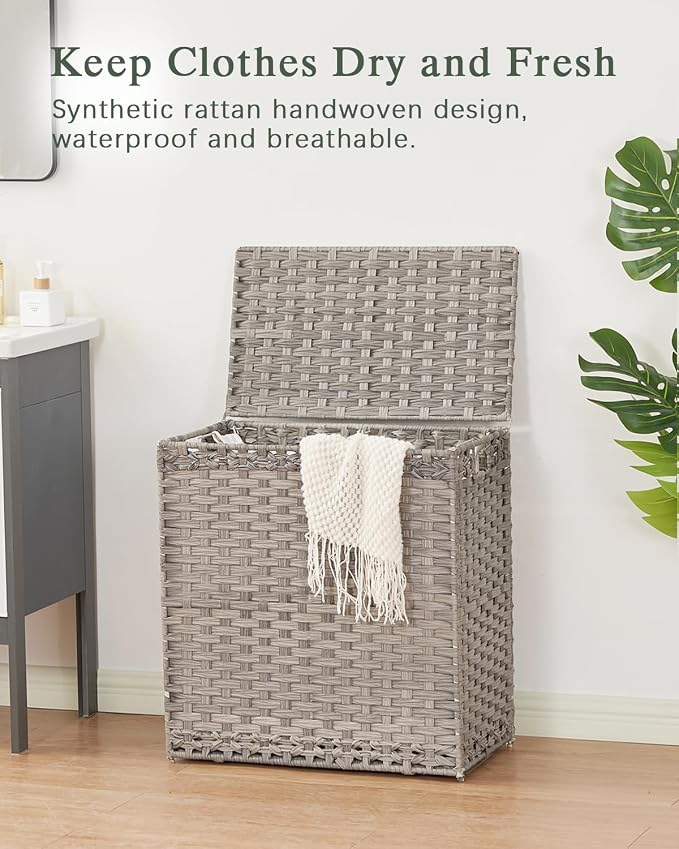 SETVSON Laundry Hamper with Lid Wicker Laundry Basket, 112L, Gray | Decorative Furniture Look for Bedroom & Bathroom, 2-Section Sorting Hamper with Lid, 2 Liners, 6 Bags, Side Handles - Image 2