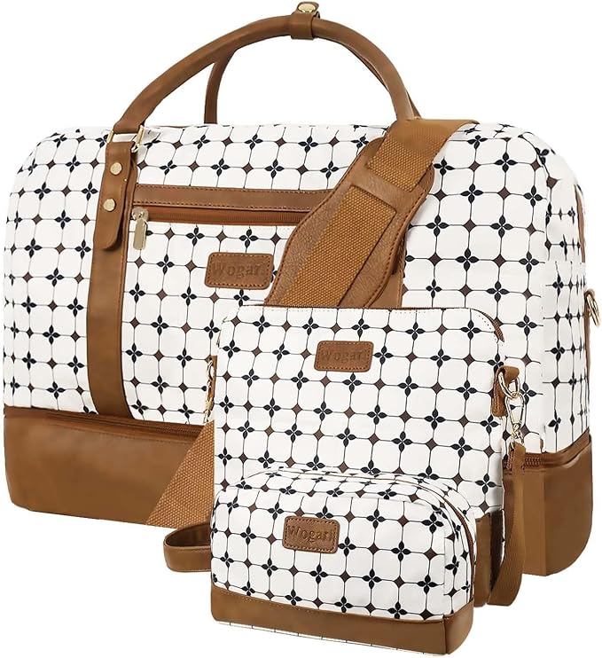 3PCS Weekender Bags for Women Large Overnight Bag, Brown Argyle | Weekender Travel Duffel Bags Carry on Shoulder with Shoe Compartment Toiletry Bag Satchel Bag for Travelling Business Gym by Wogarl