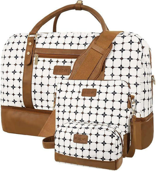 3PCS Weekender Bags for Women Large Overnight Bag, Brown Argyle | Weekender Travel Duffel Bags Carry on Shoulder with Shoe Compartment Toiletry Bag Satchel Bag for Travelling Business Gym by Wogarl