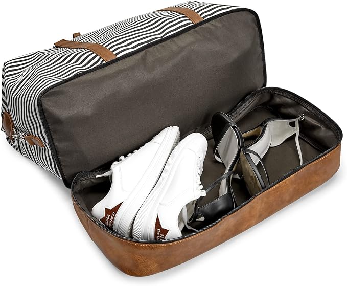 S-ZONE Weekender Bags for Women and Men Travel Duffel Bags with Shoe Compartment Overnight Carry on Duffle Tote Bag | Soft Canvas and Leather Trim, with Toiletries Bag,Carry-on Size,Trolley Sleeve,Adjustable Shoulder Strap,Shoe Compartment - Image 4