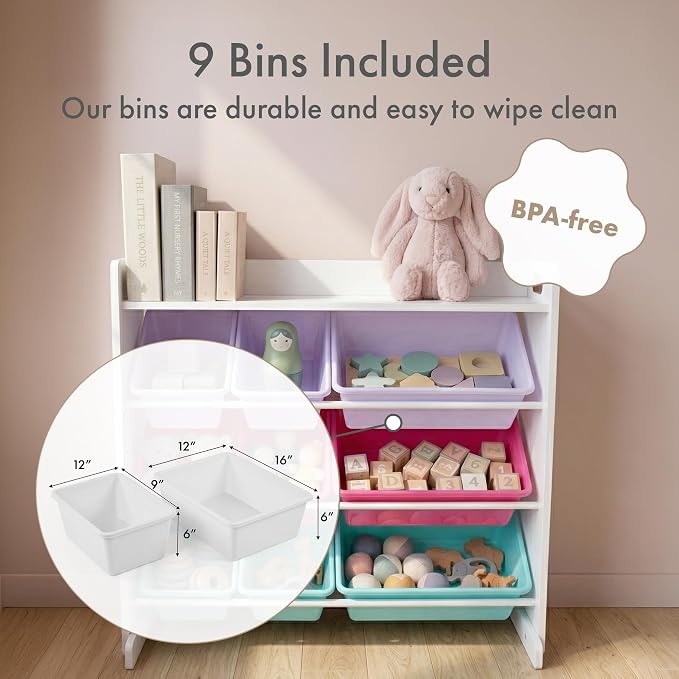 Humble Crew Kids Toy Organizer with Display Shelf, 9 Bins, 3 Tier Storage | Sturdy wood and steel toddler shelf, removable BPA-free containers, wall anchor anti-tip safety kit for bedroom or classroom - Image 5