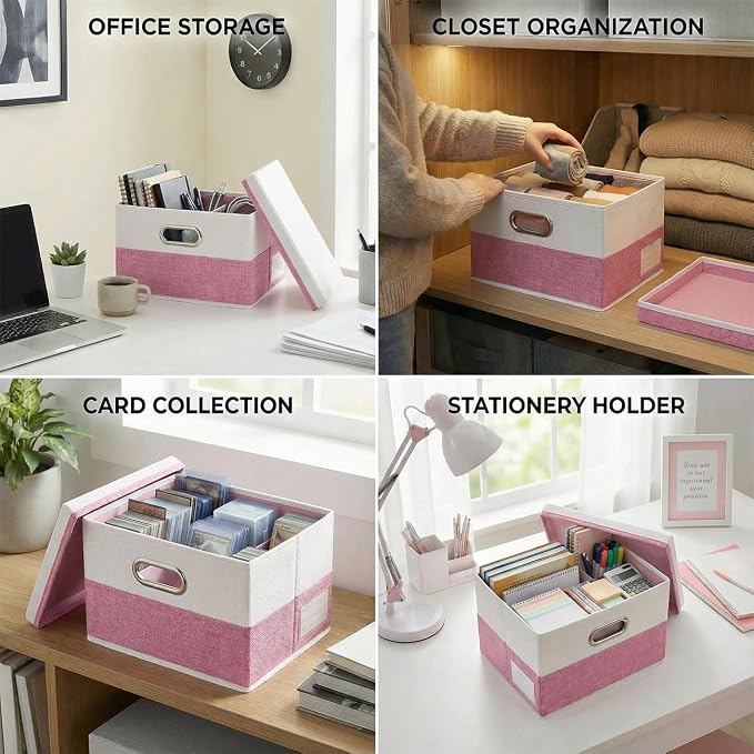 Storage Bins with Lids [3-Pack] Linen Fabric Foldable Storage Boxes Organizer Containers Baskets Cube with Cover for Bedroom Closet Office Pink&White（11.4X8.6X6.7 - Image 7