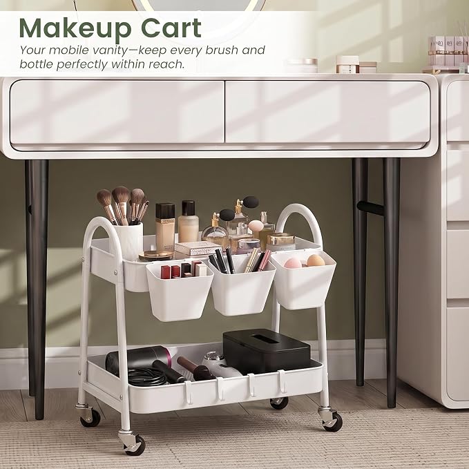 danpinera 2-Tier Rolling Cart, Utility Cart Mobile Metal Rolling Storage Cart with Lockable Wheels & Hanging Cups & Hooks for Kitchen, Bathroom, Office, Workshop, Purple - Image 6