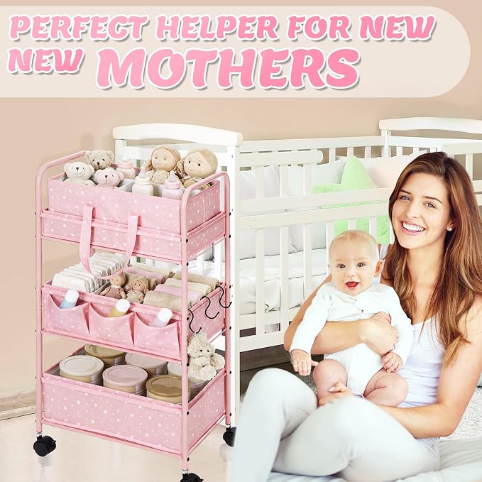 Yookeer 2in1 Baby Diaper Caddy Organizer Cart 3 Tier Large Capacity Metal Utility Bedside Rolling Cart with Divider Newborn Registry Gift Nursery Essential Must Have Bedroom Baby Shower(Pink,Star) - Image 5