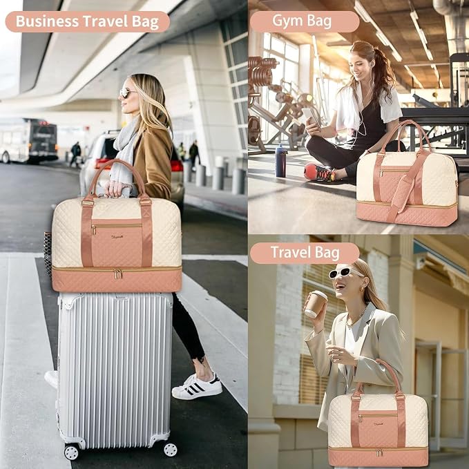 3PCS Weekender Bags for Women Large Overnight Bag, Pink Beige | Weekender Travel Duffel Bags Carry on Shoulder with Shoe Compartment Toiletry Bag Satchel Bag for Travelling Business Gym - Image 6