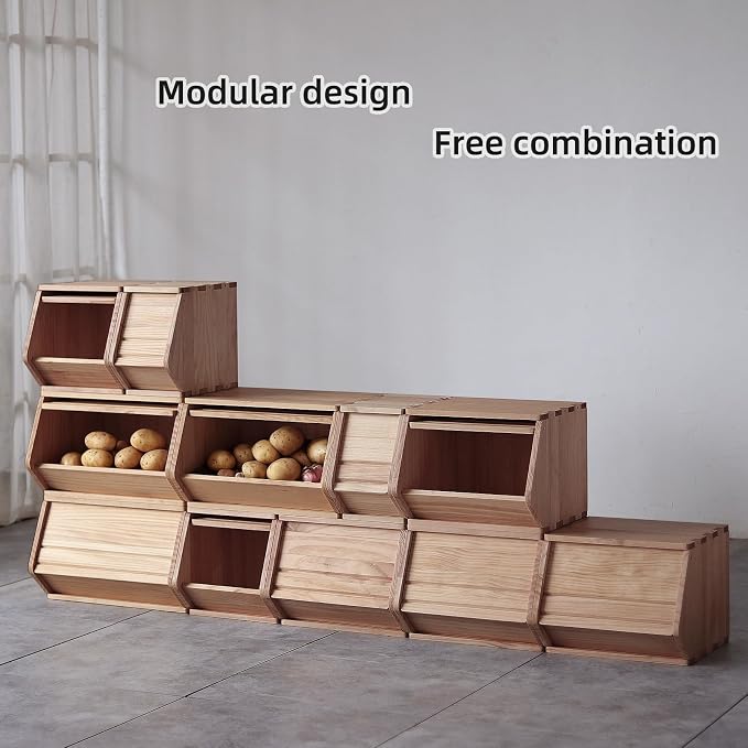 Stackable Solid Wood Storage Chests,Bins with Lids,Modular Wooden Multi-use Box,Closet Storage Organizers,Hall Entryway Cabinet,Drawers,Potato,Onion,Bread,Classify by Items,15.5”W(1 Pack) - Image 7