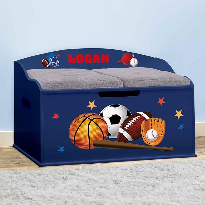 DIBSIES Personalized Creative Wonders Toy Box, Sports, 30 x 19.25 x 18 inches, Soft-Close Lid (Blue) - Image 2