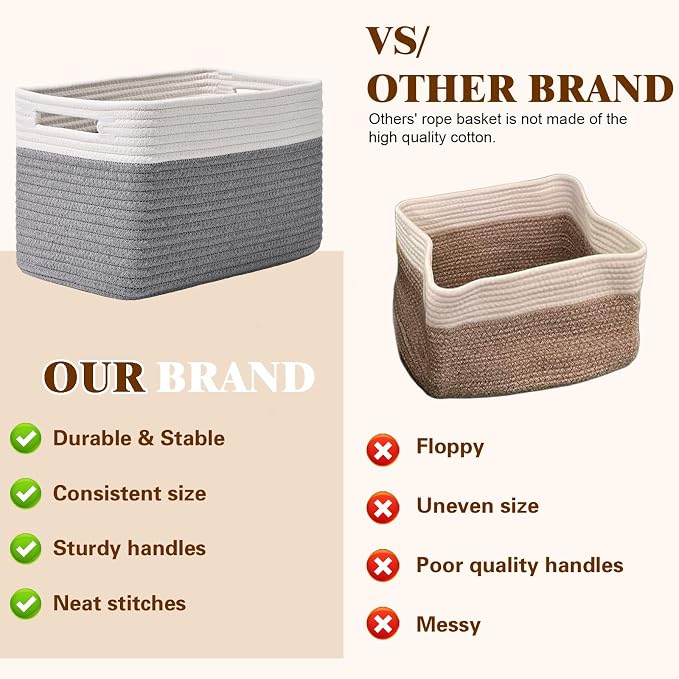 Storage Baskets for Organizing, 4 Pack Baskets for Shelves, Decorative Storage Bins for Shelves, Cotton Rope Storage Basket with Handles, Woven Basket for Storage, 13''Lx8.7''Wx7.9''H, White & Gray - Image 4