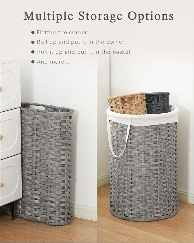 SETVSON Laundry Basket with Lid Round 29.1 Gal (110 L) PE Rattan, Gray | Decorative PE Rattan Furniture Look for Bedroom, Round Laundry Hamper with Lid, Removable Bag, 2 Mesh Bags, Handles - Image 5
