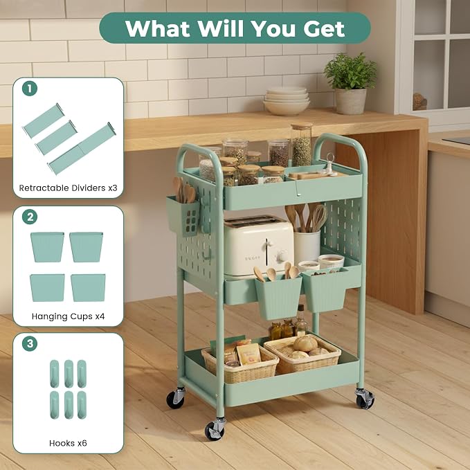 danpinera Rolling Cart, Movable Utility Organizer with Retractable Dividers & Pegboards for Kitchen, Bathroom, Office - Image 3