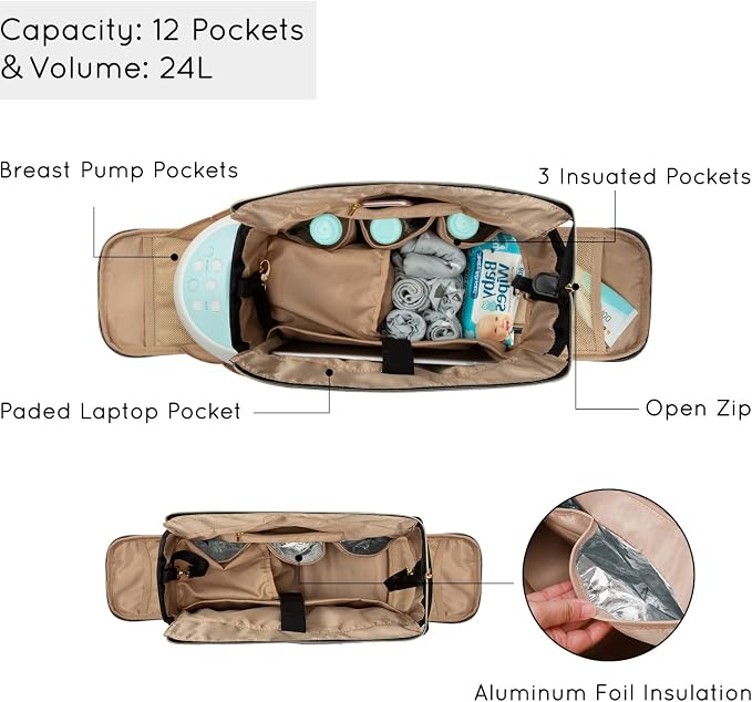 mommore Breast Pump for Spectra S1/S2 & Medela, Diaper Bag Travel Tote | Pumping Tote Bag with Insulated Pockets, Work Bag for Breastfeeding Mom with 15" Laptop Sleeve & Changing Pad - Image 3