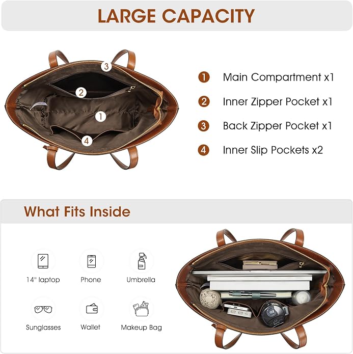 Kattee Vintage Genuine Leather Work Tote for Women | Spacious interior with a zip compartment for organized work, travel, and everyday essentials. - Image 6