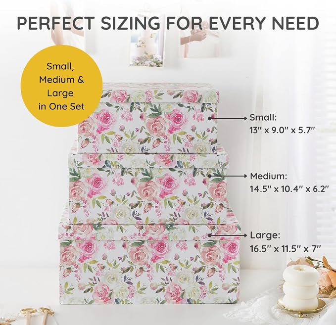 Soul & Lane - Summer Rose Decorative Storage Boxes with Lids, Set of 3 | Large Nesting Cardboard Keepsake Boxes for Photos and Gifts, Pink Vintage Rose Print Containers for Home Decor - Image 2