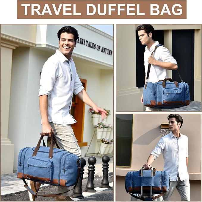 Litvyak 50L Canvas Duffle Bag for Travel Weekender Gym Overnight Carry-on | Expandable, Eco Certified, Leather Accents, Toiletry Bag Inclued, Travel Duffel Weekend Luggage Bag for Women Men, Blue - Image 2