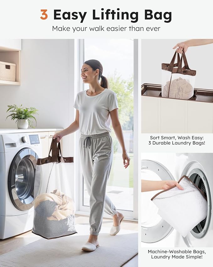 SOLEDI Large Laundry hamper 3 Section with Laundry Bag, XL Clothes Basket | 3-Section Large capacity Laundry Sorter with Odor-Blocking Lid, Robust Iron Frame & Waterproof 600D Fabric, 3 Washable Bags - Image 4