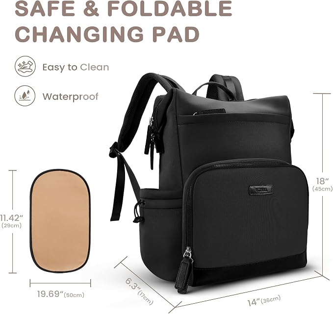 VONAL Neoprene Diaper Bag Backpack with Changing Pad, 33L Large Capacity Neoprene Backpack Baby Diaper Bag with Insulated Pockets, Travel Diaper Backpack Baby with 12 Pockets for Mom & Dad, Black - Image 8
