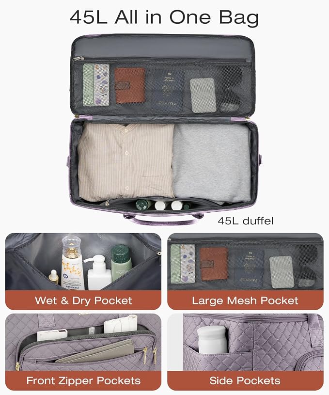 Travel Duffle Bag, Wide Open Large Weekender Bag for Women with Shoe Compartment, Carry on Overnight Bags with Toiletry Bag, Hospital Bag for Women Labor Delivery with Wet Pocket (Purple Grey) - Image 2