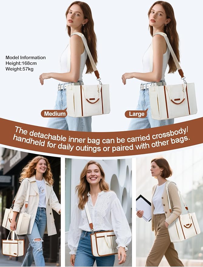 BESBESME Women’s Canvas Tote Bag with Zipper and Compartments – Multi-Pocket Laptop Work Crossbody Shoulder Tote Purse - Image 5