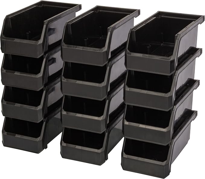 Small Stackable Plastic Storage Bins, 12-Pack, Black | Open-Front Stackable Bins For Garage, Pantry, Closet & Office, 7"L X 4"W X 3"H, Nests When Empty, Durable Plastic - Image 7