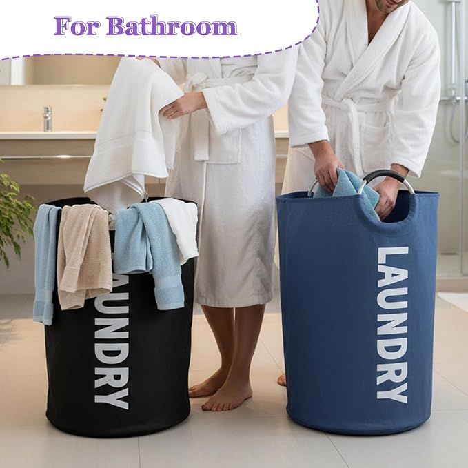 Set of 2 Collapsible Laundry Basket 125L, Tall Laundry Hamper with Comfort Handle, Freestanding Storage Bin for Family, Apartments, Dorm,Black + Navy Blue - Image 9