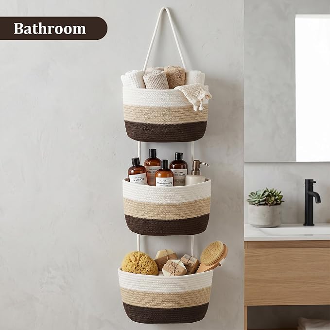 TeoKJ Over the Door Hanging Basket, 3-Tier Woven Cotton Wall-Mounted Storage Organizer Bag Decorative Hanging Nursery Baskets，Gradient Brown - Image 8