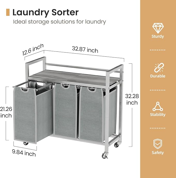 SwaaVee Laundry Sorter, Laundry Hamper 3 Section, 3×11.4Gal, Metal Frame Rolling Laundry Basket with Wooden Top Shelf, Pull out and Removable Laundry Bags, 3 Bags-Gray - Image 2