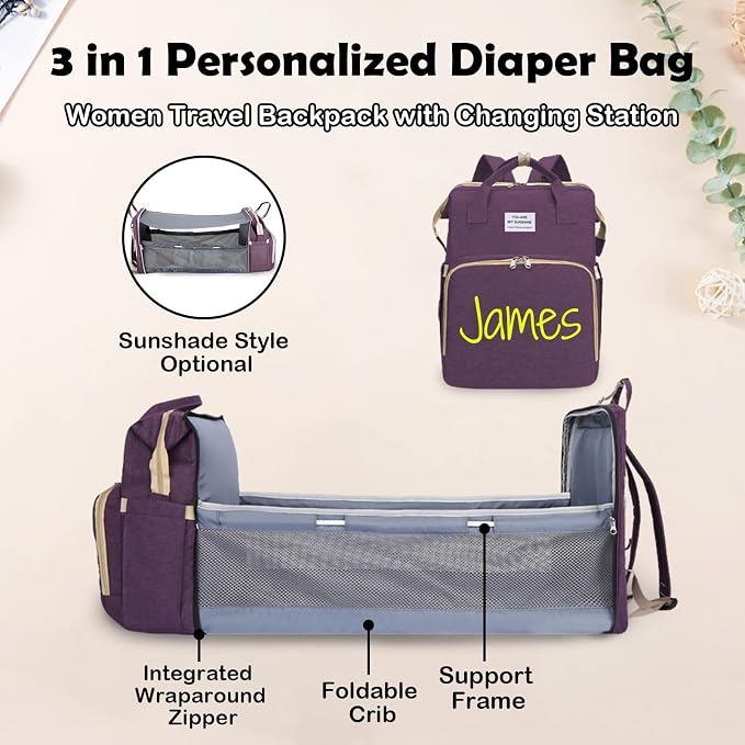 Personalized 3 in 1 Diaper Bag Backpack with Changing Station, Multifunctional Large Baby Diaper Bags for Boys & Girls Portable, Custom Lightweight Changing Bag, Newborn Baby Essential Gifts - Image 2