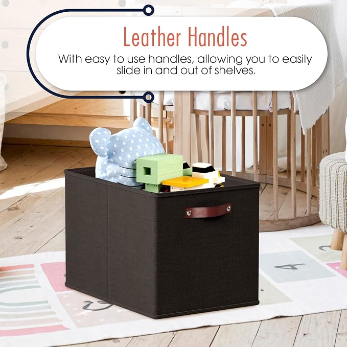 Ornavo Home 13x15x13 Foldable Fabric Storage Cube Bins, 6 Pack, Black | Collapsible Linen Shelf Basket Organizer; Leather Handles; Fits Cube Storage Shelving Units - Image 5