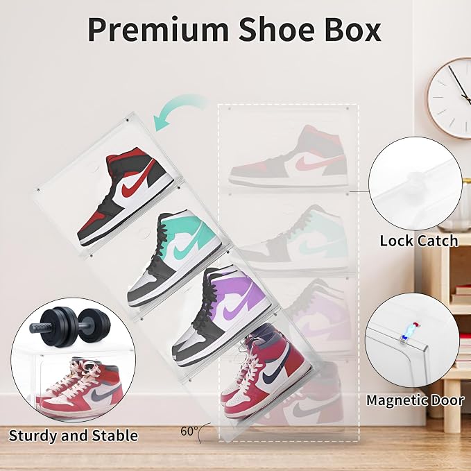 Large Clear Plastic Stackable Shoe Boxes 8-Pack, Drop Side Shoe Organizers | Clear Sneaker Storage Display Cases with Magnetic Door, Premium Shoe Container Fits up to US Size 13, for Closet Organization - Image 3