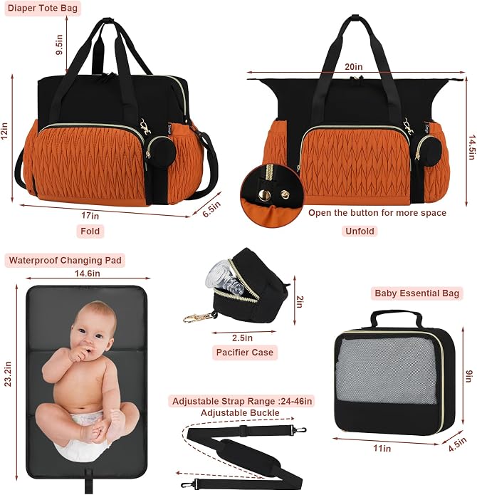 Diaper Tote Bag for Baby 6PCS, Large Mom Hospital Bags with Changing Pad | Mommy Bags for Labor and Delivery, Baby Shower Girl Boy Gift, Mama Bag with Pacifier Case Storage Bag and Shoulder Strap - Image 7