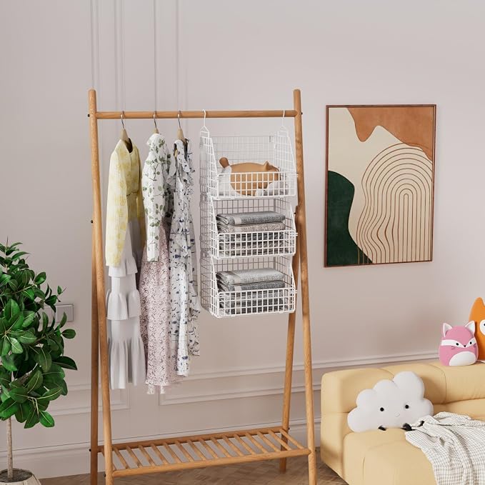 PUPPYCUTE Hanging Closet Organizer and Storage, Clothes Hanging Shelves Wire Baskets for Clothing Sweaters Purse Handbags Shoes White 3 Tier - Image 4