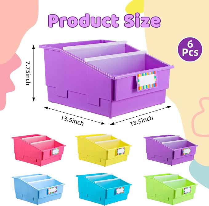 Lineshading 6 Pack Picture Book Organizer Bins with Dividers Large Plastic Book Holders with Labels Multi Purpose Classroom Organization Bins Storage Container (Neon Color,13.5 " X 13.5 " X 7.75") - Image 2