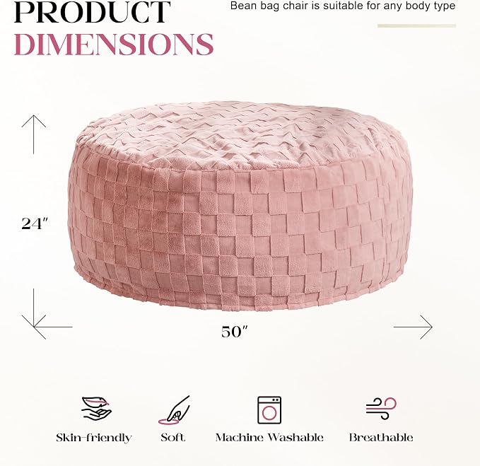 Hobestluk Adults Bean Bag Chair 5FT Big BeanBag Chair Giant Large Oversized | Memory Foam,Washable Cover,Unique Fluffy Plaid,Comfy Adult BeanBag with Filler Lounging Gaming Bedroom Living Room | Pink 5FT - Image 2