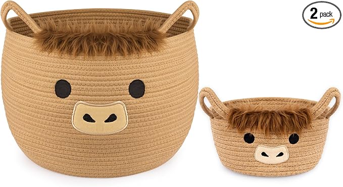 Highland Cute Cow Basket Set for Nursery, Woven Storage Cotton Rope Basket, Baby Blanket 0rganizer with Ears Handles, Blanket Towel Decor Toy Clothes Gifts Storage Cat Dog Bin, Pack of 2 by Hkojewp