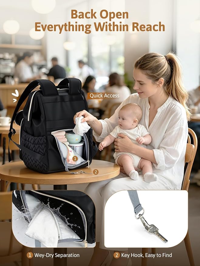 Lekesky Quilted Diaper Bag Backpack, Wide Opening Large Baby Bag for Mom | Black Travel Baby Diaper Backpack with Changing Pad, Insulated Pockets, Pacifier Case - Image 5