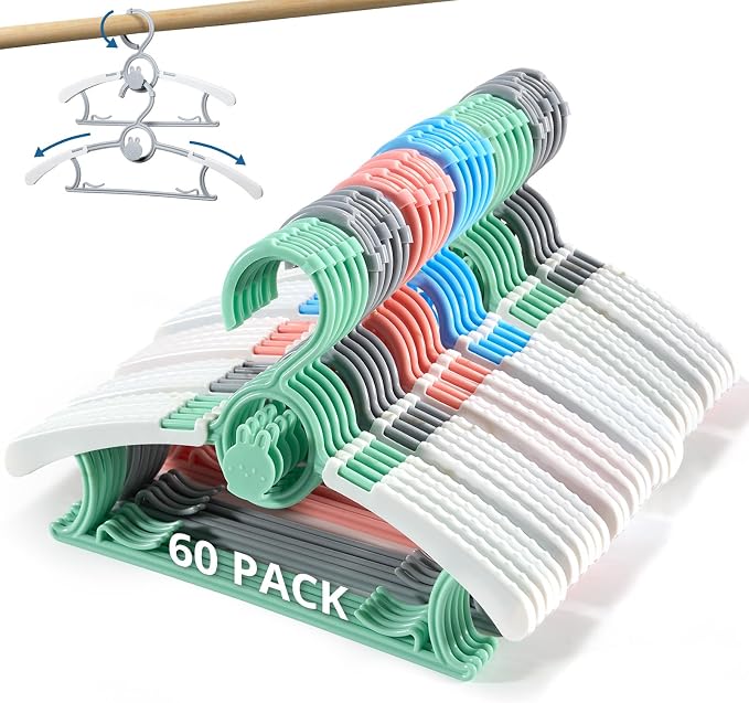 60PCS Baby Hangers, Extendable & Stackable Kid Clothes Hangers, Mix-Colors 11~14Inch for Baby Toddler Children Kids Teen, Non-Slip Plastic by PIGLOG