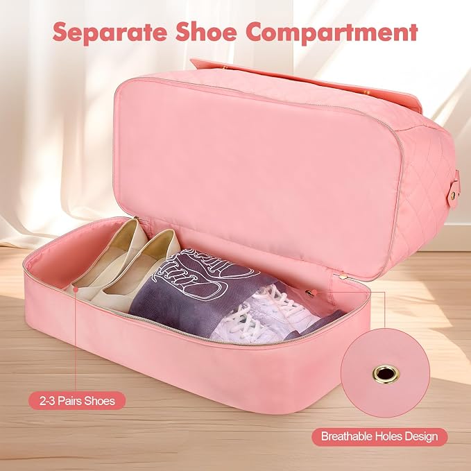 Travel Duffel Bag, Large Weekender Bag for Women with Shoe Compartment, Carry on Overnight Bag with Toiletry Makeup Bag, Gym Duffel Bag Travel Tote Bag for Travel Gym Camping Hospital, Pink - Image 5