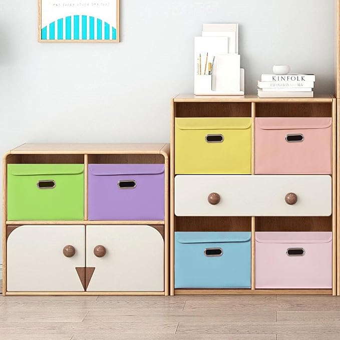 STOREONE Fabric Storage Cube Bins Foldable Organizer Container Collapsible Basket with Lids and Metal Handles, for Home, Bedroom, Closet 6 Pcs (multicolour-green) - Image 5