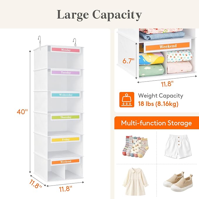 Lifewit 6 Shelf Weekly Clothes Storage Organizer for Kids, 2 Pack, Gray | Closet Storage with Color Labels for School Outfits, Daily Clothing Divider with Days of The Week Monday to Friday Weekend - Image 4