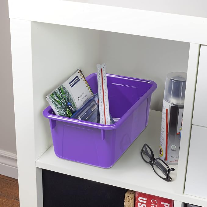 Storex Small Cubby Bins – Plastic Storage Containers for Classroom with Non-Snap Lid, 12.2 x 7.8 x 5.1 inches, Purple, 5-Pack (62411A05C) - Image 4