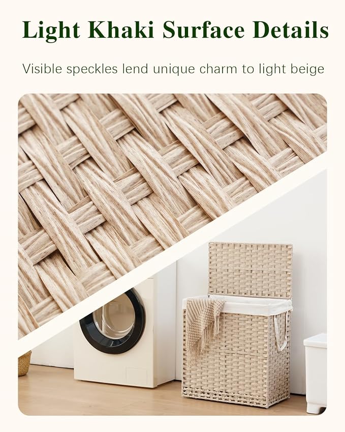 SETVSON Laundry Hamper with Lid PE Rattan Laundry Basket, Light Khaki | Decorative Furniture Look for Bathroom & Bedroom, 2-Section Large Wicker Hamper, 2 Cloth Bags, 6 Mesh Bags Included - Image 2
