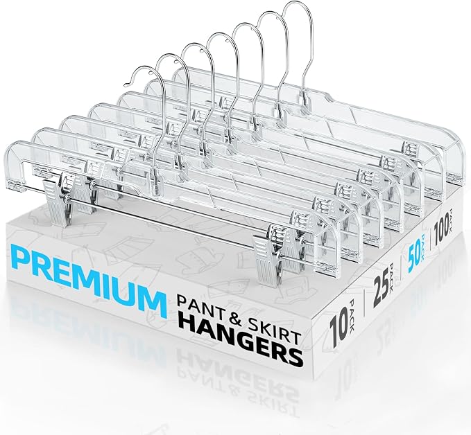 HOUSE DAY 50 Pack Heavy Duty Clear Pants Hangers, 14'' Skirt Hangers | No-Mark Clip Hangers with Stronger Grip, Adjustable Clips for Jeans, Pants, Skirts and Shorts, Bulk Retail, Boutique Hangers by HOUSEDAY