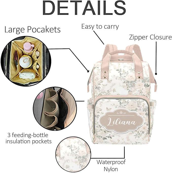 Floral Personalized Baby Diaper Bag – Custom Name Waterproof Nappy Backpack with Multi Compartments – Stylish Gift for Mom, Dad, Baby Shower & Outdoor Travel - Image 5