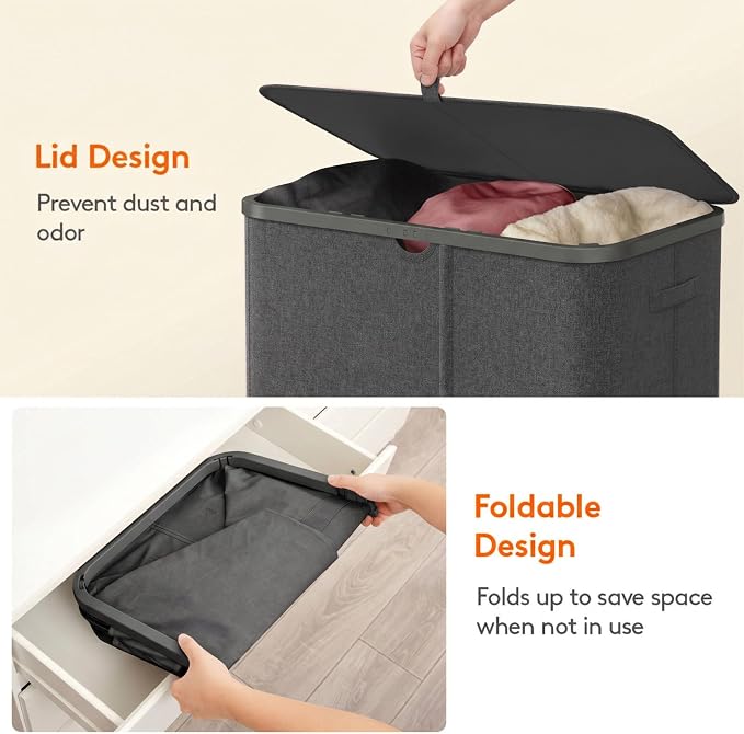 Lifewit 165L 3 Section Laundry Hamper with Lid, Laundry Basket, Dark Gray | Large Foldable Laundry Sorter with 3 Removable Bags, Tall Clothes Hamper for Bedroom and Bathroom - Image 7