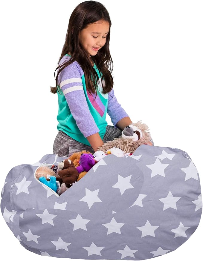 Posh Creations Kids Stuffed Animal Storage Bean Bag Chair Cover - Childrens Toy Organizer, Large-38in, Canvas White Stars on Gray - Image 5