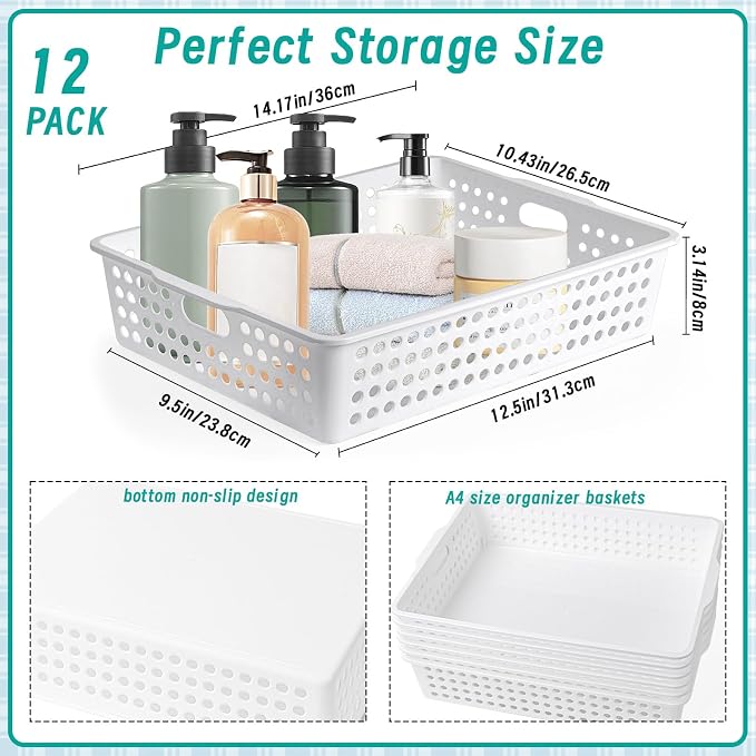 12 Pcs Plastic Storage Baskets Bulk 14 x 10 In Stackable Storage Bin with Handles A4 Size Desktop File Letter Organizer Tray Multi-purpose Container for Shelve Desktop Classroom Office Home Playroom - Image 2